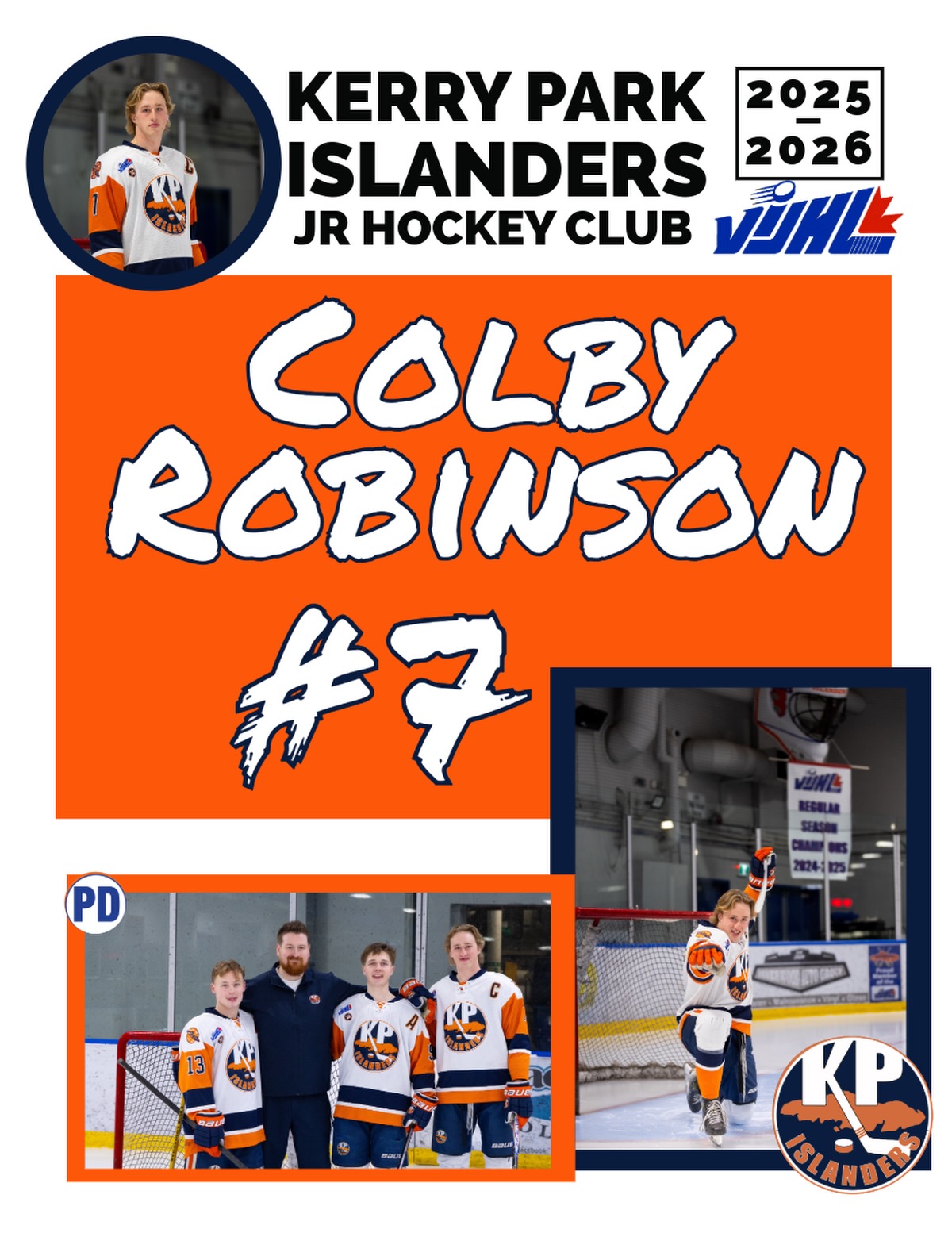Last weekend we said goodbye to our graduating players and gifted them the jersey that they proudly wore with the logo that they left their individual impact on. 

Colby started skating with the Islanders at the age of 16. His official rookie season was 2022-2023 where he wasted no time and put up 26 points in 46 games! The following year, Robinson was a key part of the team that went all the way to the finals after taking a South Victory in the North! For his third year, as an Assistant Captain, he helped the Club to an impressive 37 Wins , 7 Losses, 3 Overtime losses and a regular season championship banner! Colby in his final season was the KP Captain-a role that truly showcased his incredible leadership. Colby played 186 Regular season VIJHL games all as an Islander and collected 120 regular season points. This year, he was awarded the team MVP as well as the Phil Downie memorial scholarship fund award. 

It is hard to imagine the KP Bench without this true Fan Favourite. From the bottom of our hearts, thank you Colby for all your contributions to the Islanders. We wish you nothing but success in your bright future. 

Once an Islander, Always an Islander